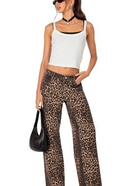Edikted Leopard Print Straight Leg Jeans + Medium
